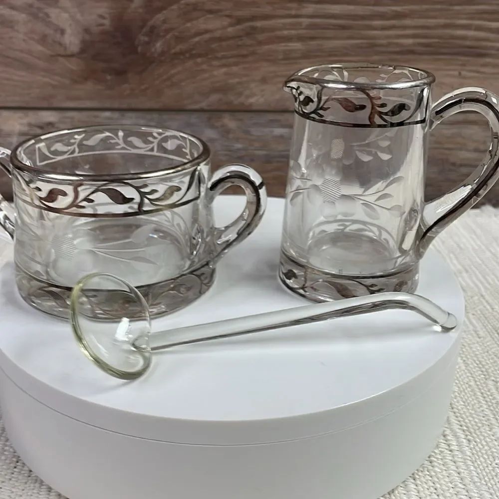 Glass Creamer & Sugar Bowl & Glass Spoon Sterling Silver Overlay&Etched Flowers